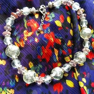 Necklace -Clear crackle beads necklace pink silver by George choker chocker